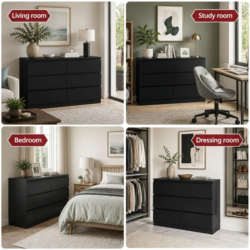 6 Drawer Chest of Drawers Black High-Density Particle Board Melamine 120cm x 82cm x 39cm