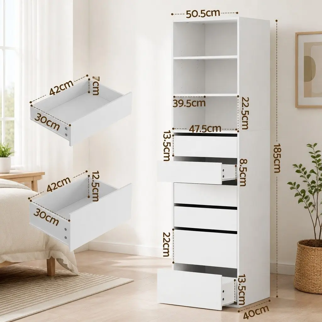 Tallboy Cabinet 2 Piece Chest of Drawers 6 Drawer Storage White Bedroom Furniture Set