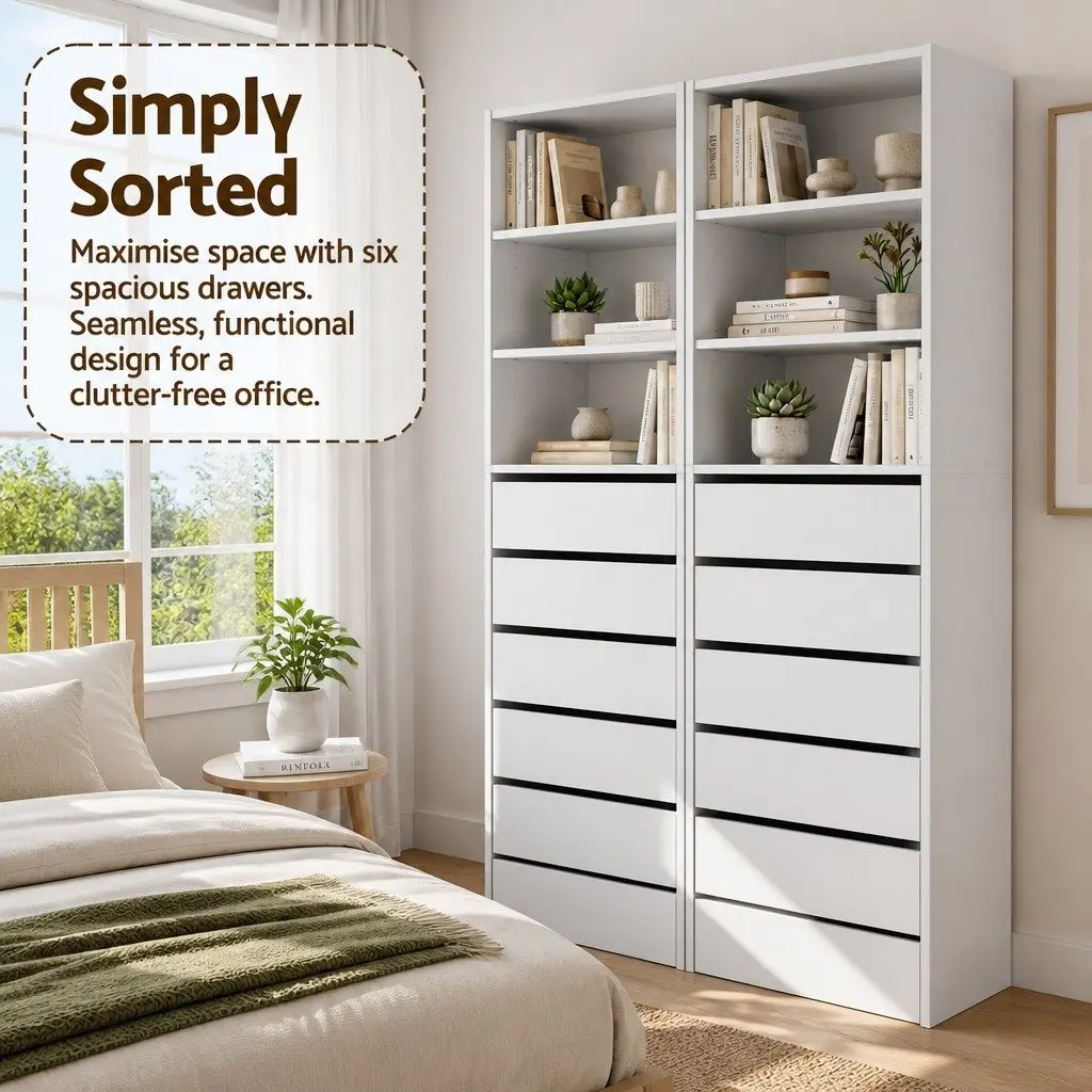 Tallboy Cabinet 2 Piece Chest of Drawers 6 Drawer Storage White Bedroom Furniture Set