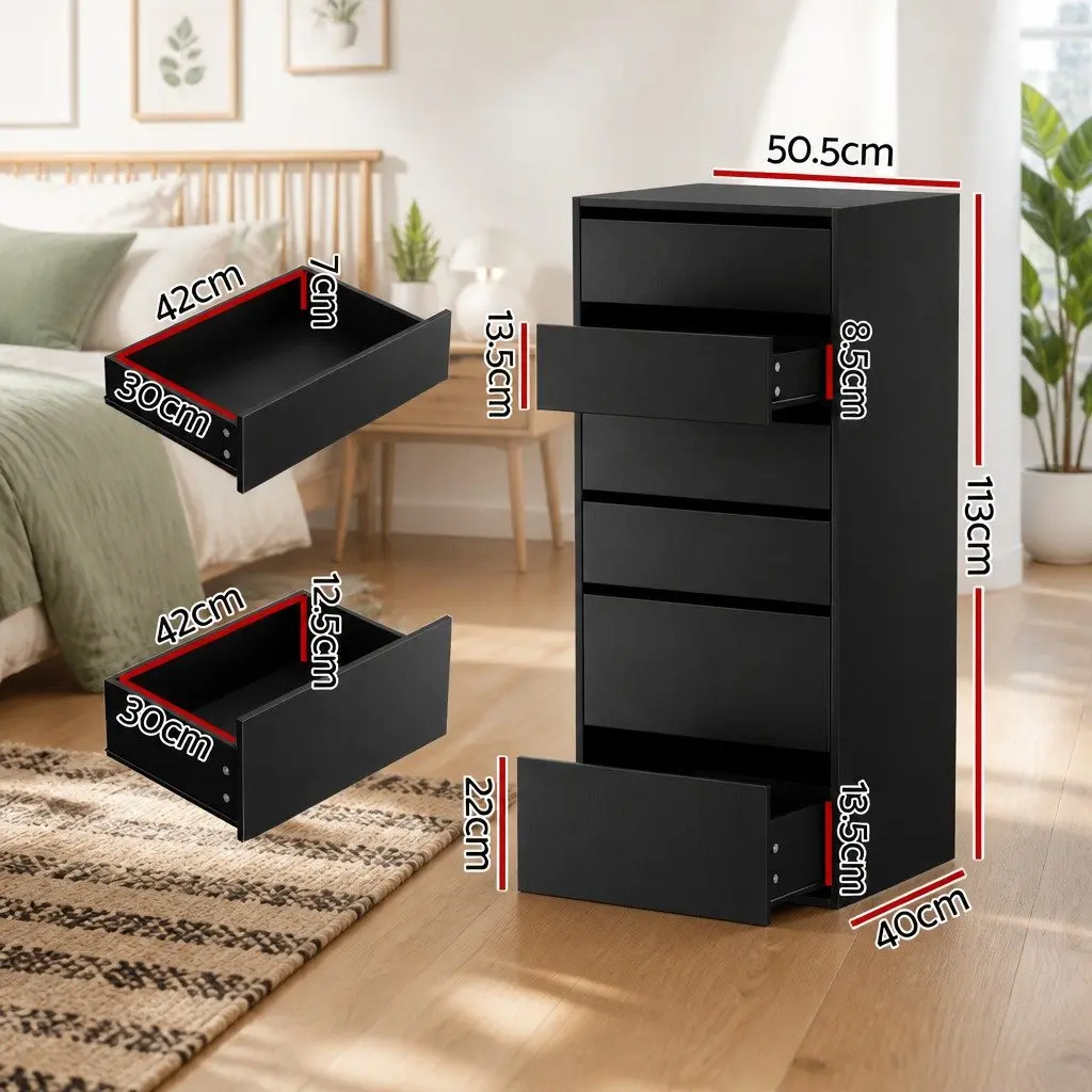 6 Drawer Chest of Drawers Tallboy Storage Dresser Furniture Black Particle Board 50.5cm W x 40cm D x 113cm H