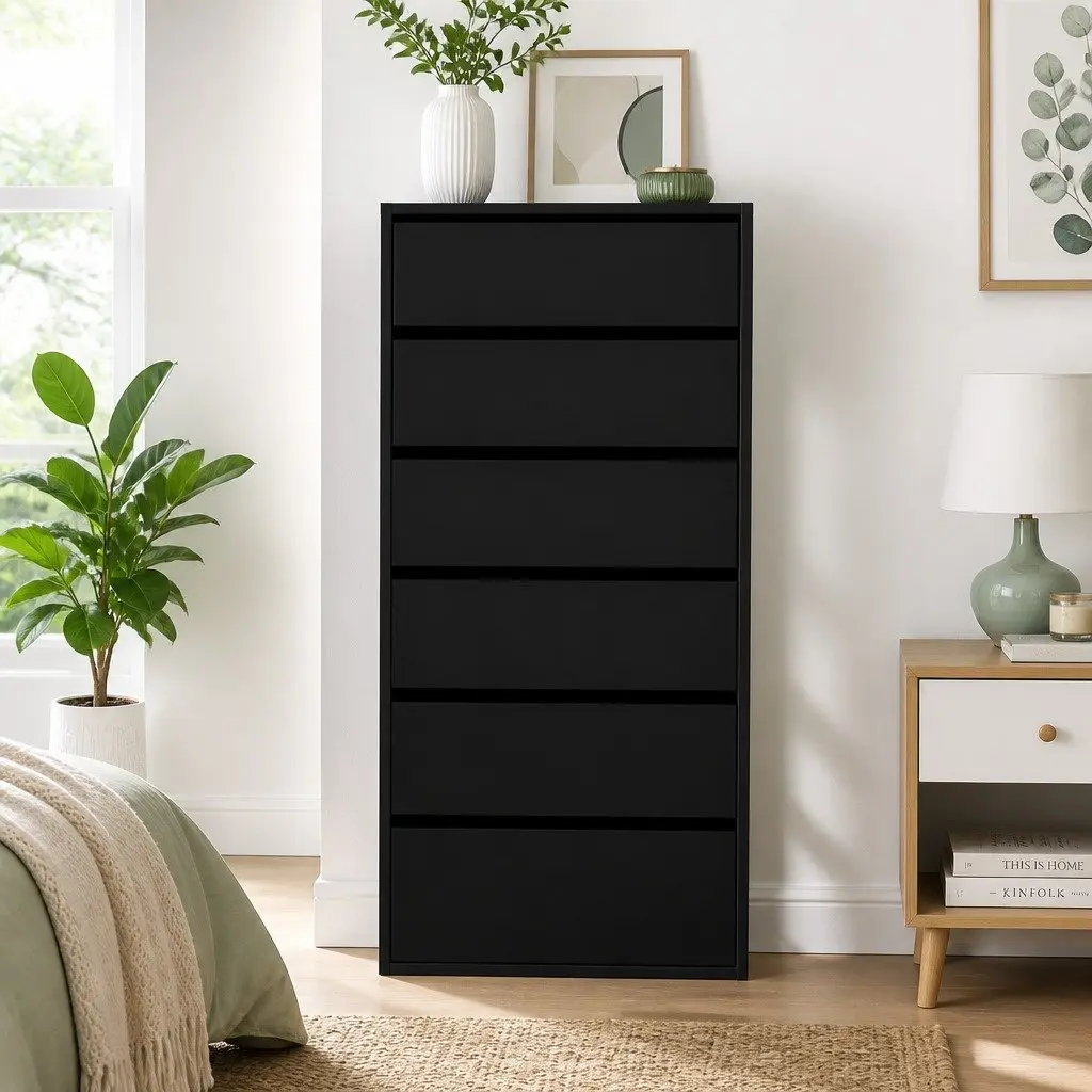 6 Drawer Chest of Drawers Tallboy Storage Dresser Furniture Black Particle Board 50.5cm W x 40cm D x 113cm H