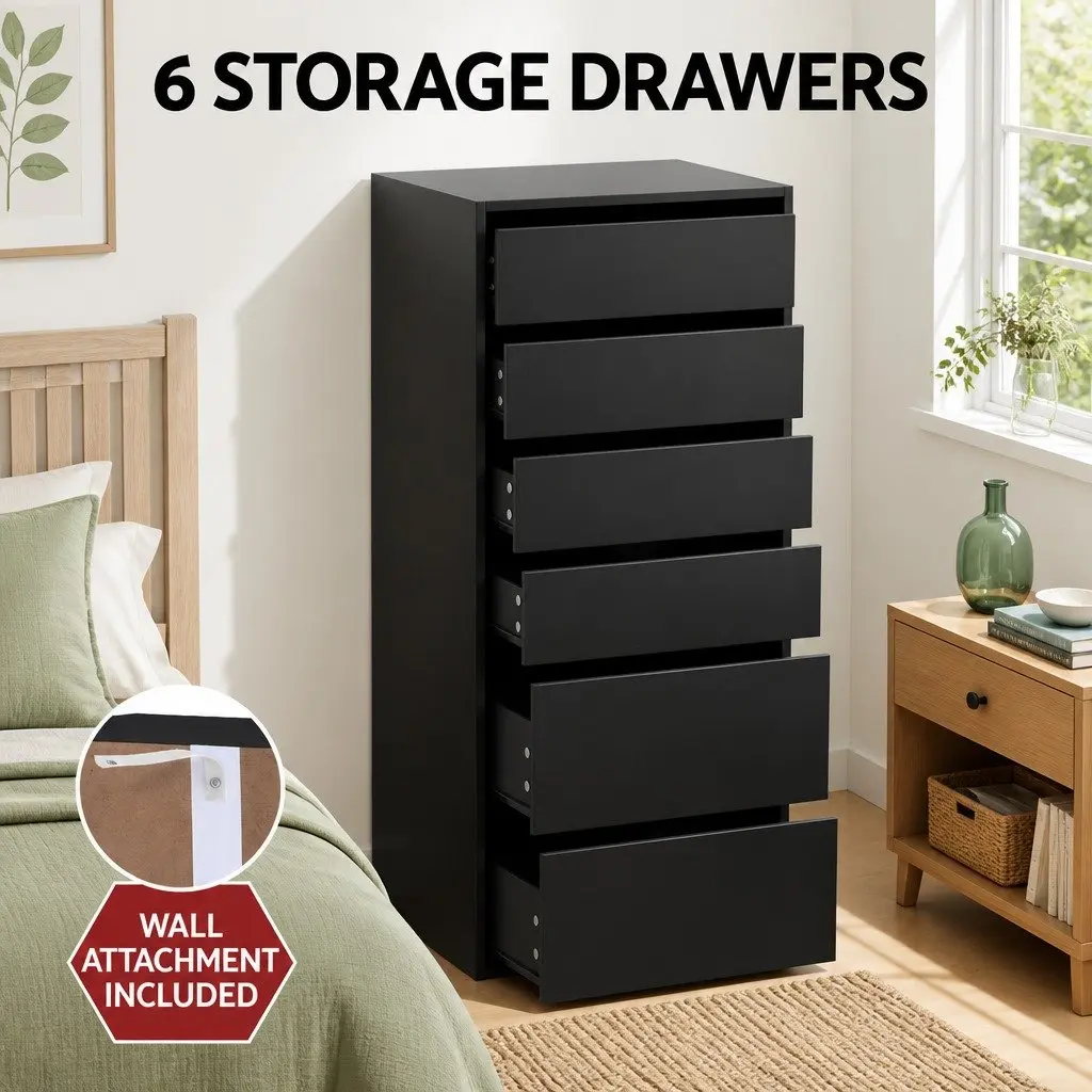 6 Drawer Chest of Drawers Tallboy Storage Dresser Furniture Black Particle Board 50.5cm W x 40cm D x 113cm H