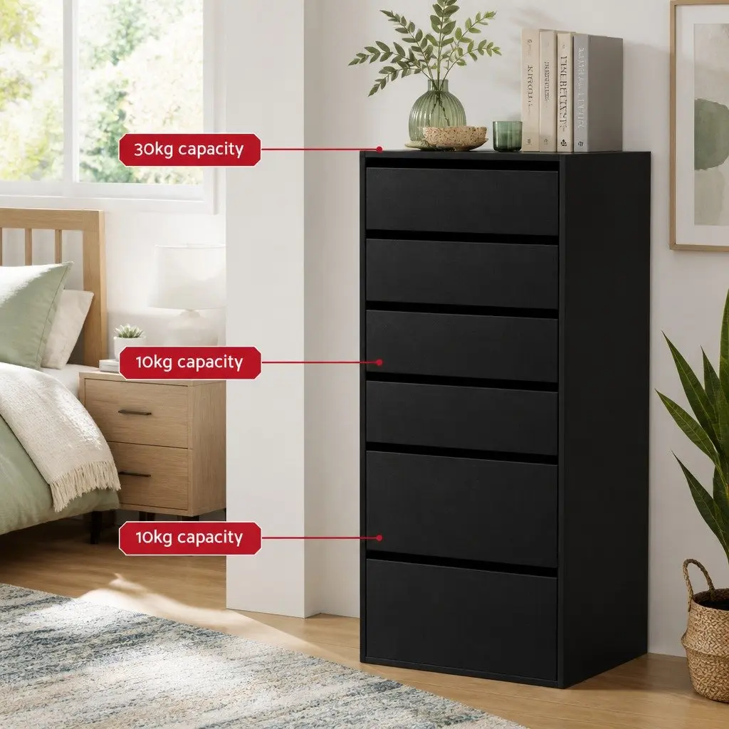 6 Drawer Chest of Drawers Tallboy Storage Dresser Furniture Black Particle Board 50.5cm W x 40cm D x 113cm H
