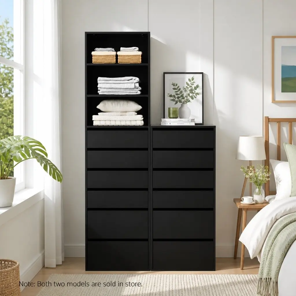 6 Drawer Chest of Drawers Tallboy Storage Dresser Furniture Black Particle Board 50.5cm W x 40cm D x 113cm H
