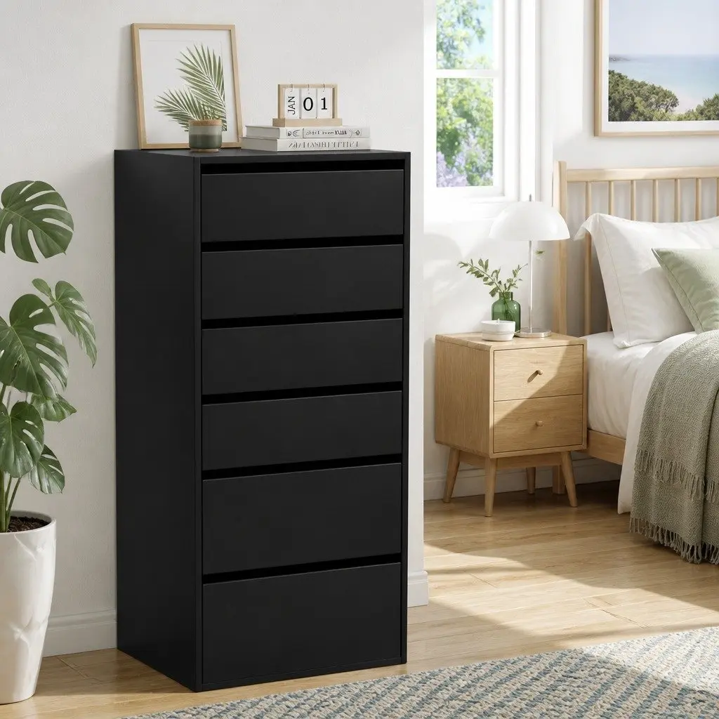 6 Drawer Chest of Drawers Tallboy Storage Dresser Furniture Black Particle Board 50.5cm W x 40cm D x 113cm H