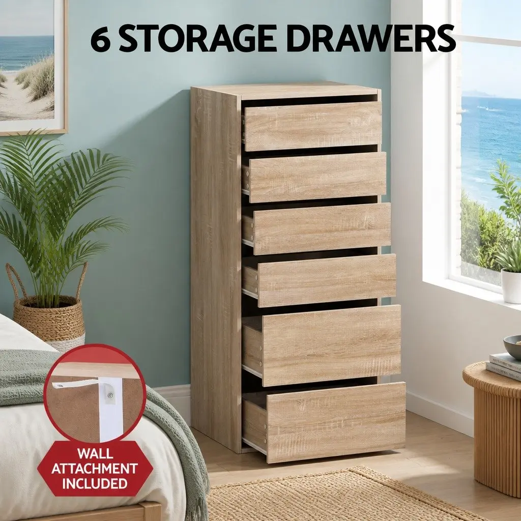 Chest of Drawers Tallboy Storage Organizer 6 Drawer Pine 50.5cm W x 40cm D x 113cm H