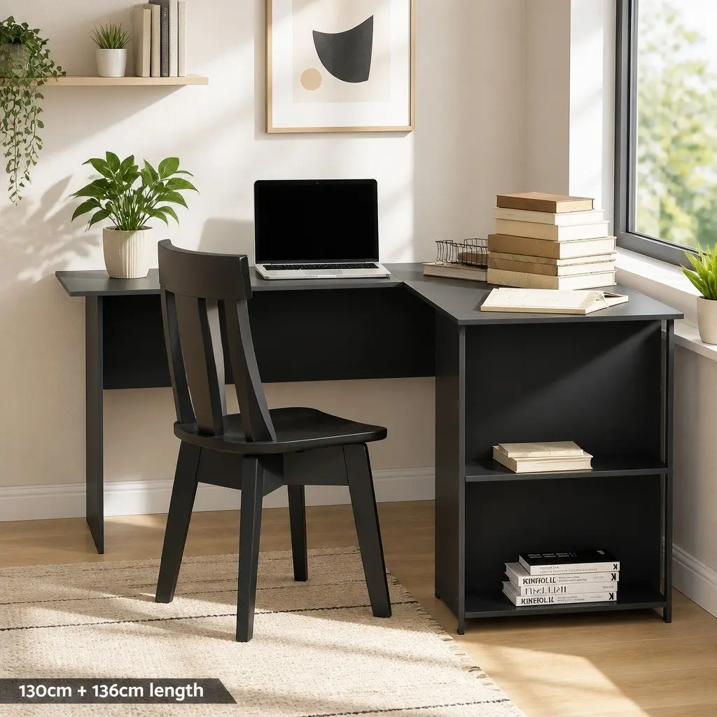 L-Shape Computer Desk Particle Board 136cm x 130cm Black