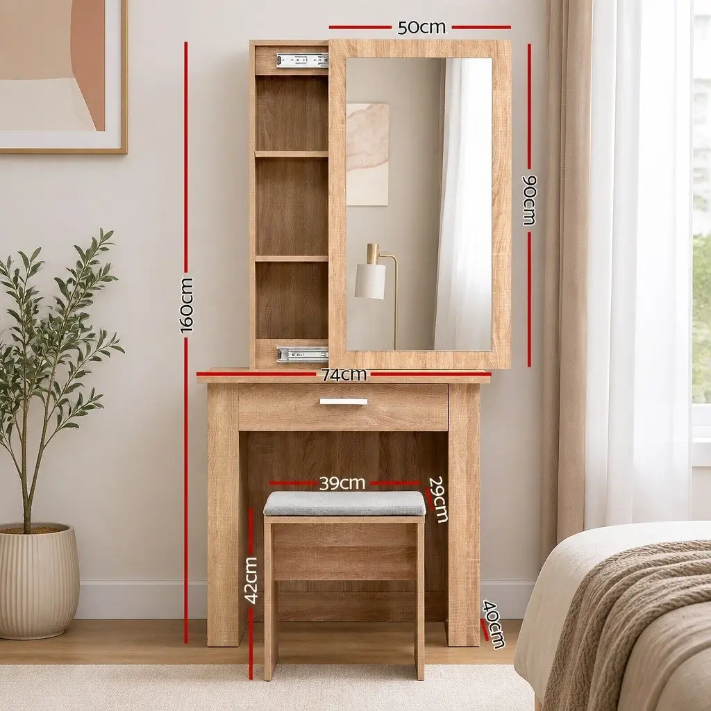 Dressing Table Set Wood Sliding Mirror Bedroom Vanity with Storage and Padded Stool