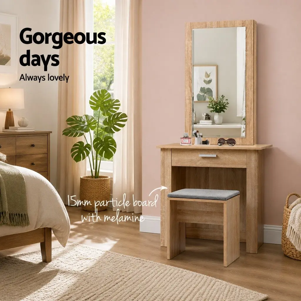 Dressing Table Set Wood Sliding Mirror Bedroom Vanity with Storage and Padded Stool