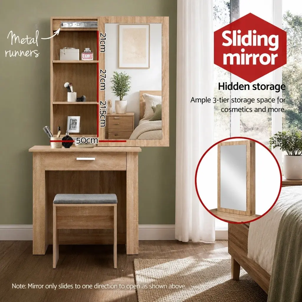 Dressing Table Set Wood Sliding Mirror Bedroom Vanity with Storage and Padded Stool