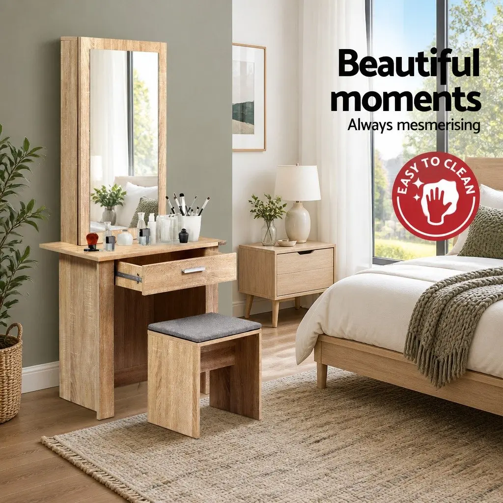 Dressing Table Set Wood Sliding Mirror Bedroom Vanity with Storage and Padded Stool