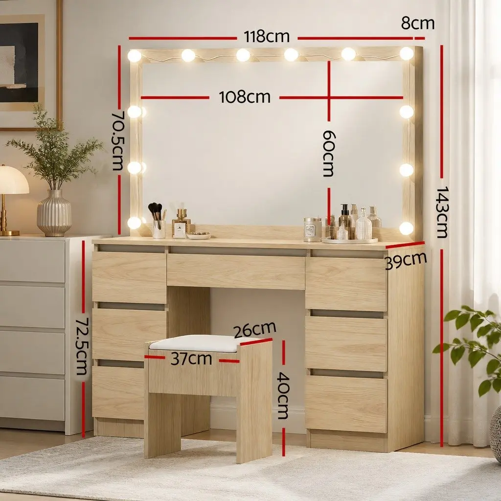 Dressing Table Vanity Desk Set with Stool 12 LED Bulbs 3 Colour Lights Mirror