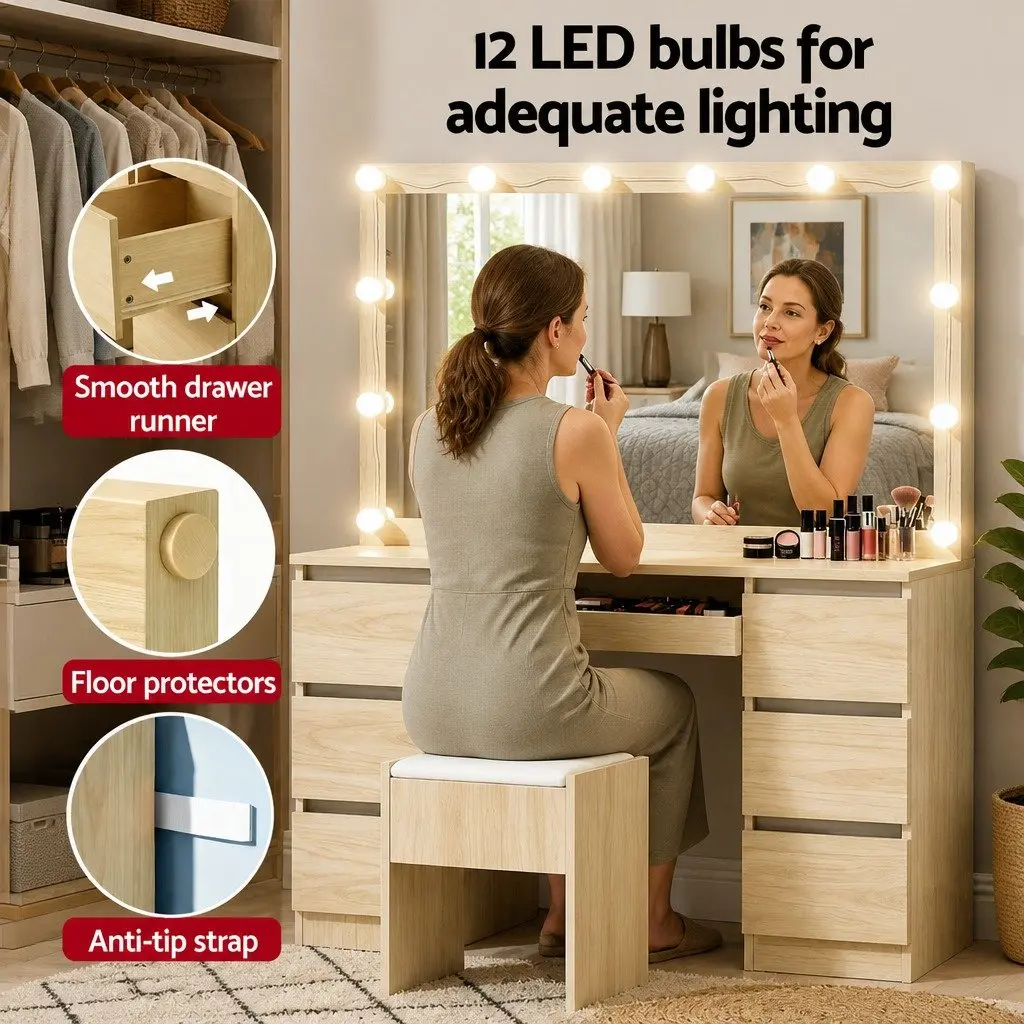 Dressing Table Vanity Desk Set with Stool 12 LED Bulbs 3 Colour Lights Mirror
