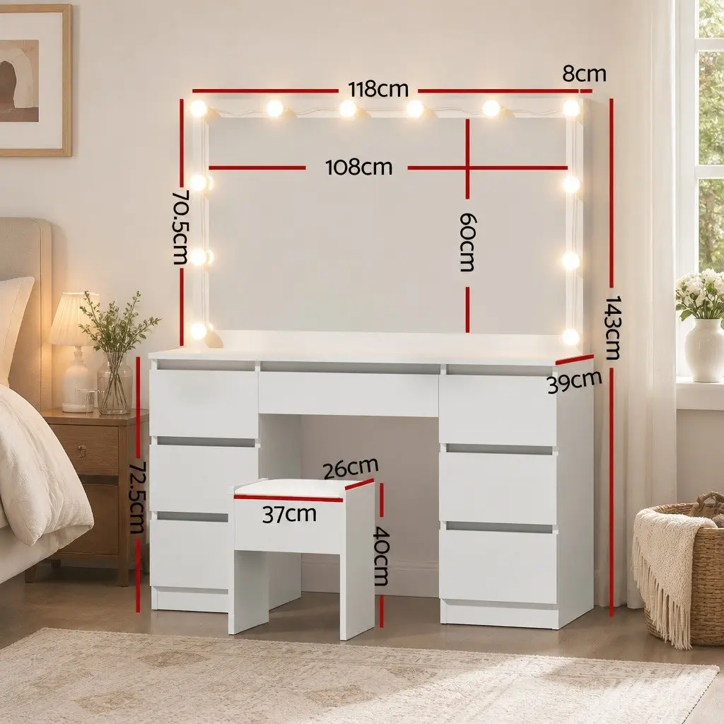 Dressing Table Vanity Set MDF White 12 LED Bulbs Large Mirror Padded Stool
