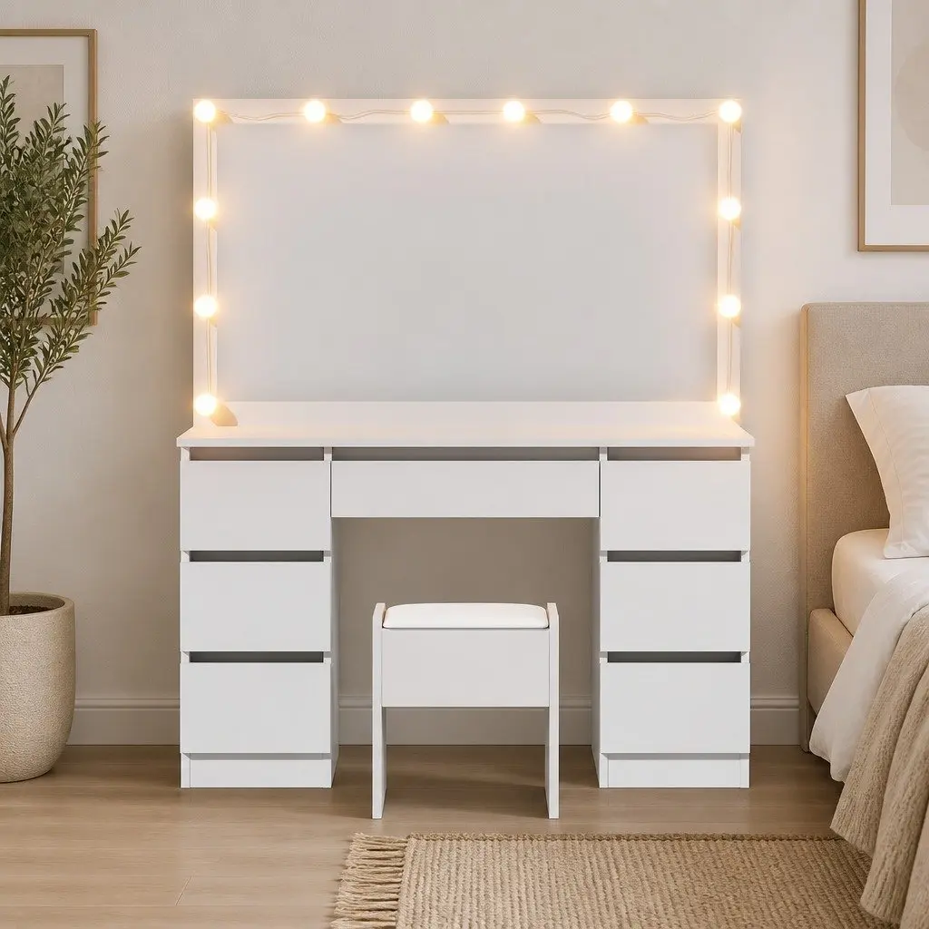Dressing Table Vanity Set MDF White 12 LED Bulbs Large Mirror Padded Stool