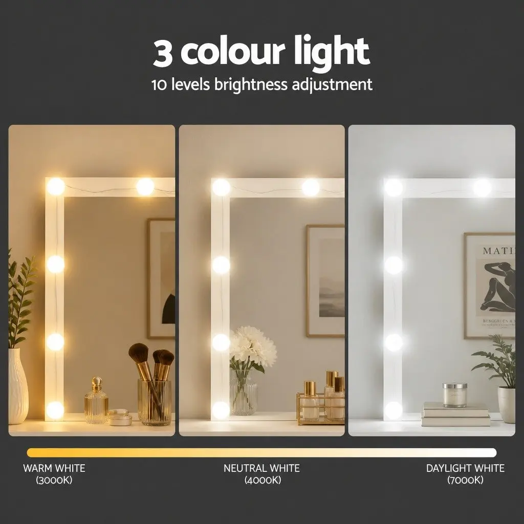 Dressing Table Vanity Set MDF White 12 LED Bulbs Large Mirror Padded Stool