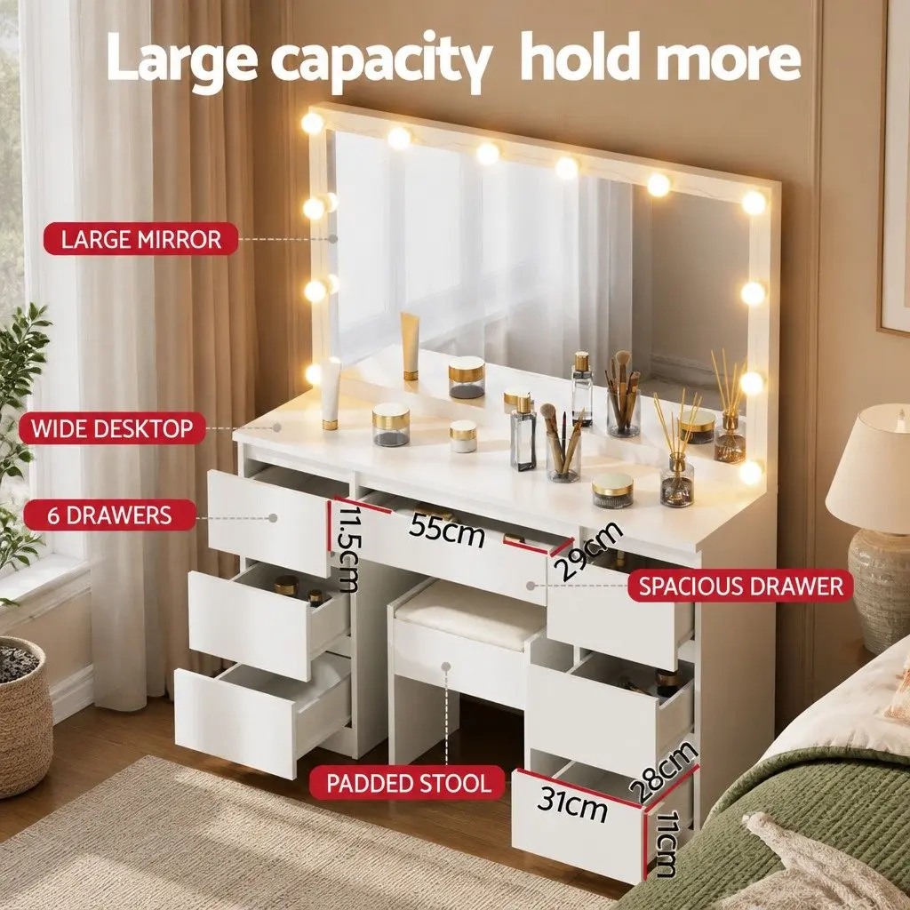 Dressing Table Vanity Set MDF White 12 LED Bulbs Large Mirror Padded Stool