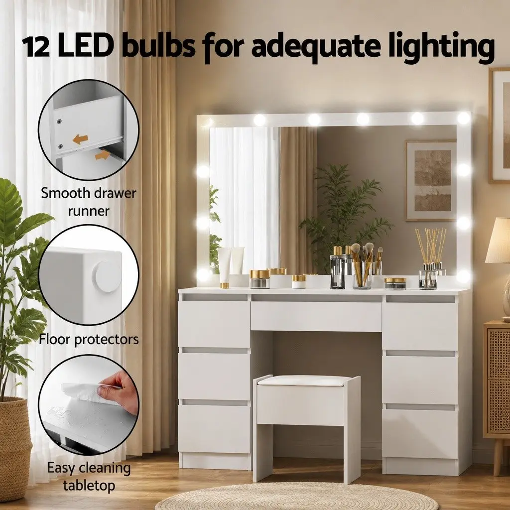 Dressing Table Vanity Set MDF White 12 LED Bulbs Large Mirror Padded Stool
