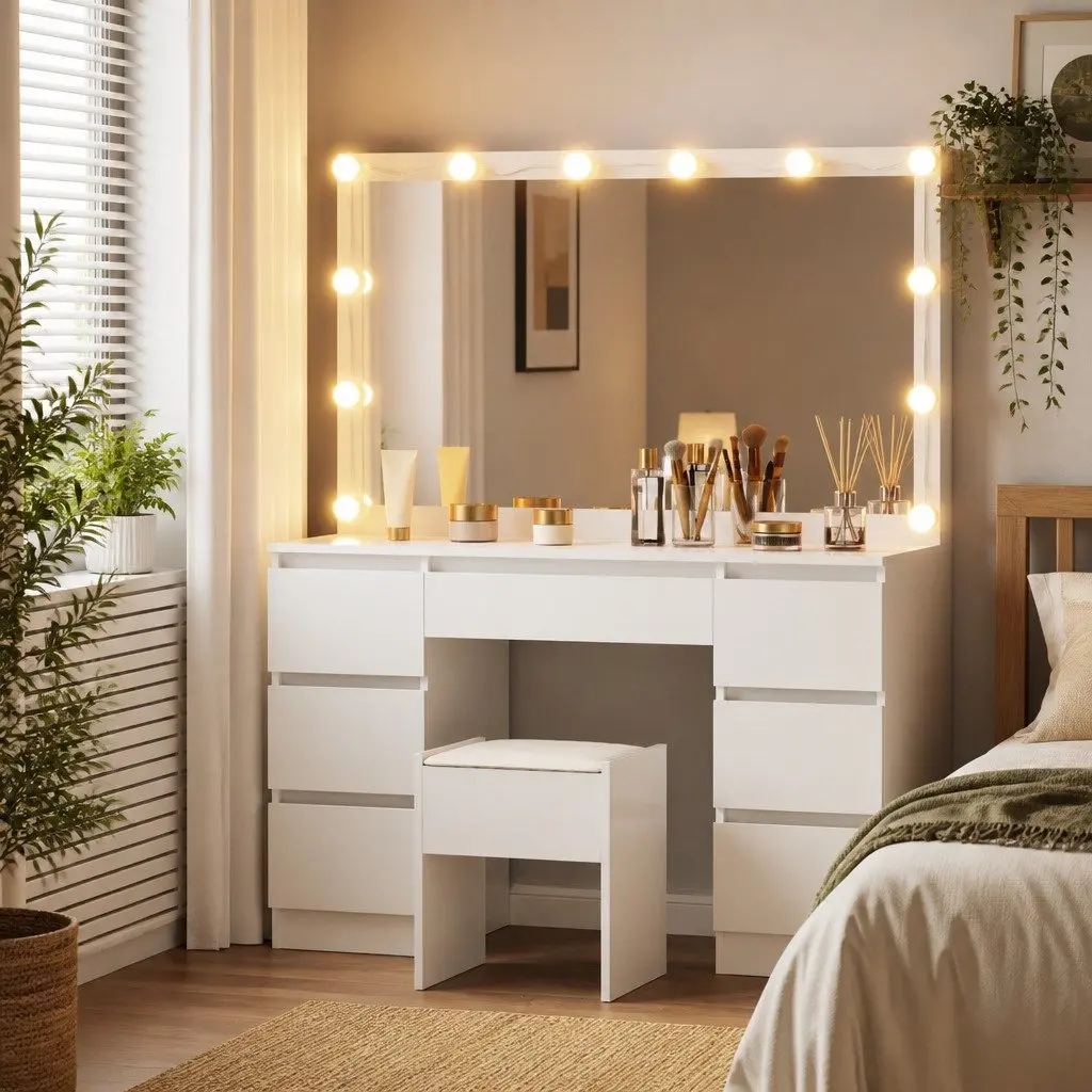 Dressing Table Vanity Set MDF White 12 LED Bulbs Large Mirror Padded Stool
