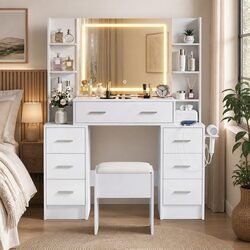 Dressing Table Vanity Desk Set with LED Mirror Charging Station Stool White
