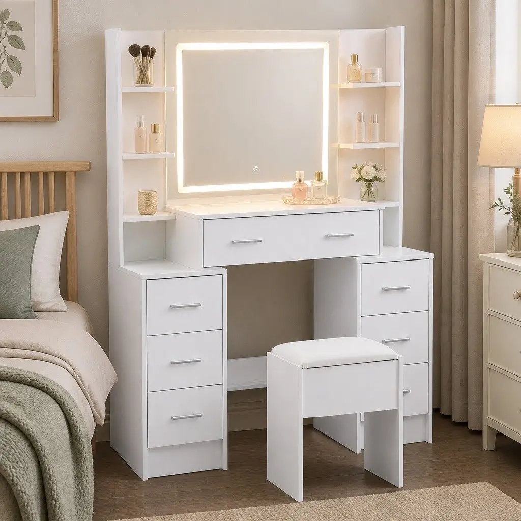 Dressing Table Vanity Desk Set E1 Particle Board Metal LED Mirror Stool White