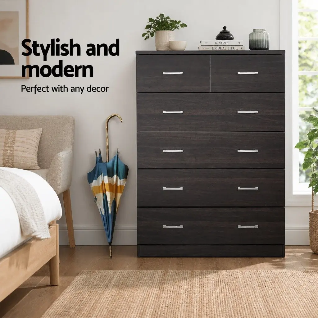 6 Drawer Chest Tallboy Bedroom Storage Cabinet Walnut Contemporary Design