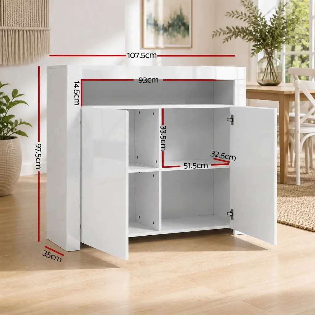 LED Sideboard Cabinet 2x High-Gloss White Storage Dining Buffet Cupboard Display