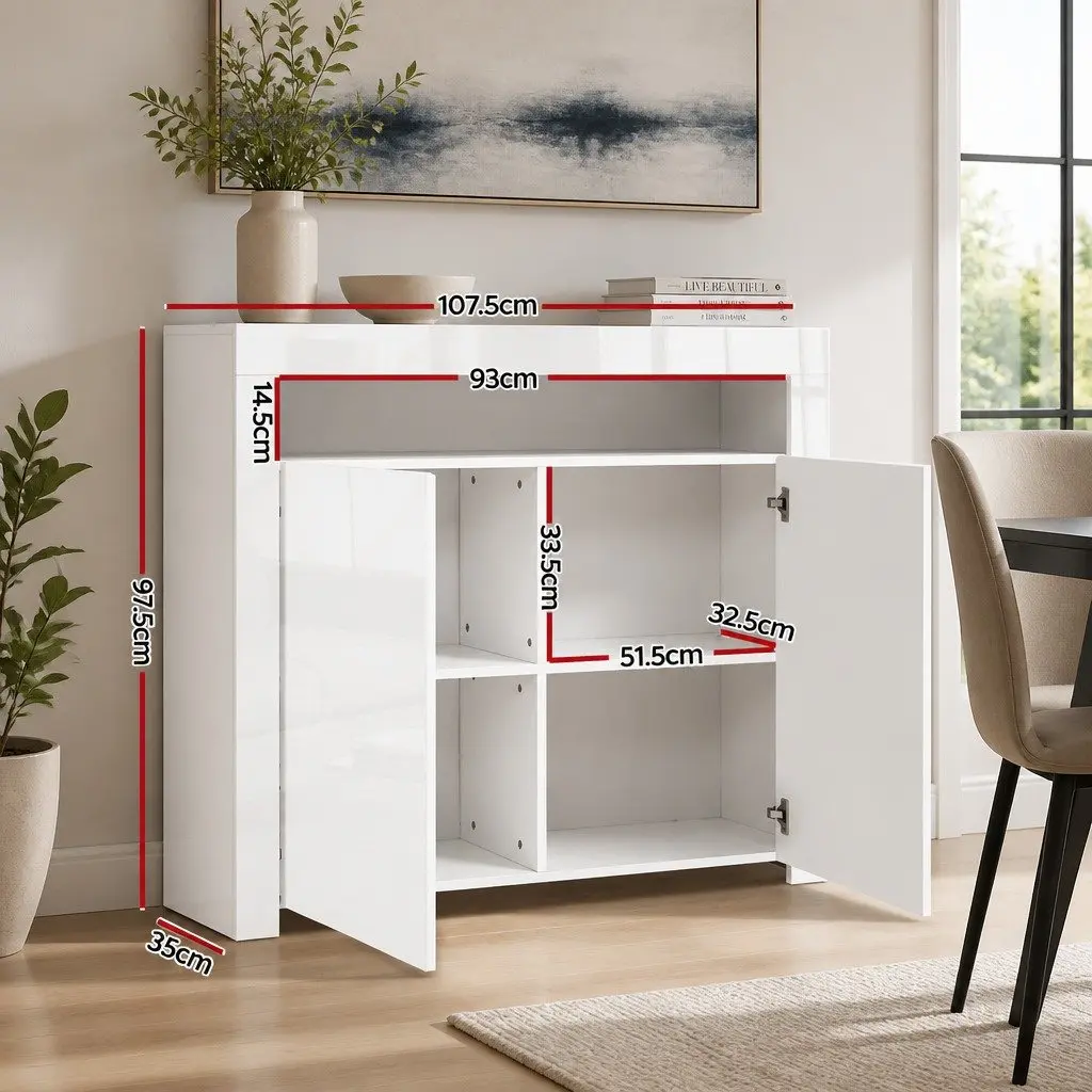 LED Sideboard White High Gloss Display Cabinet Modern Dining Room Storage