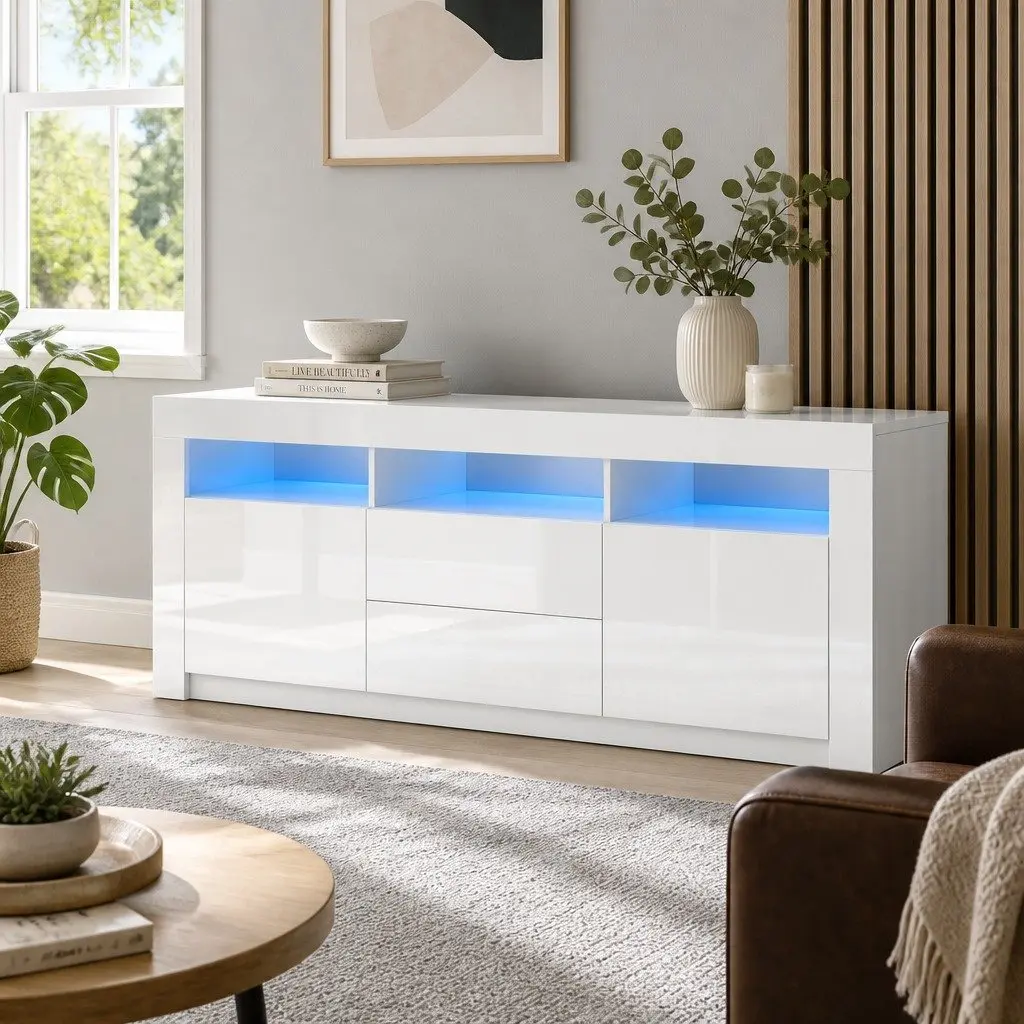 TV Unit Entertainment Unit LED Lighting 160cm White Storage Living Room