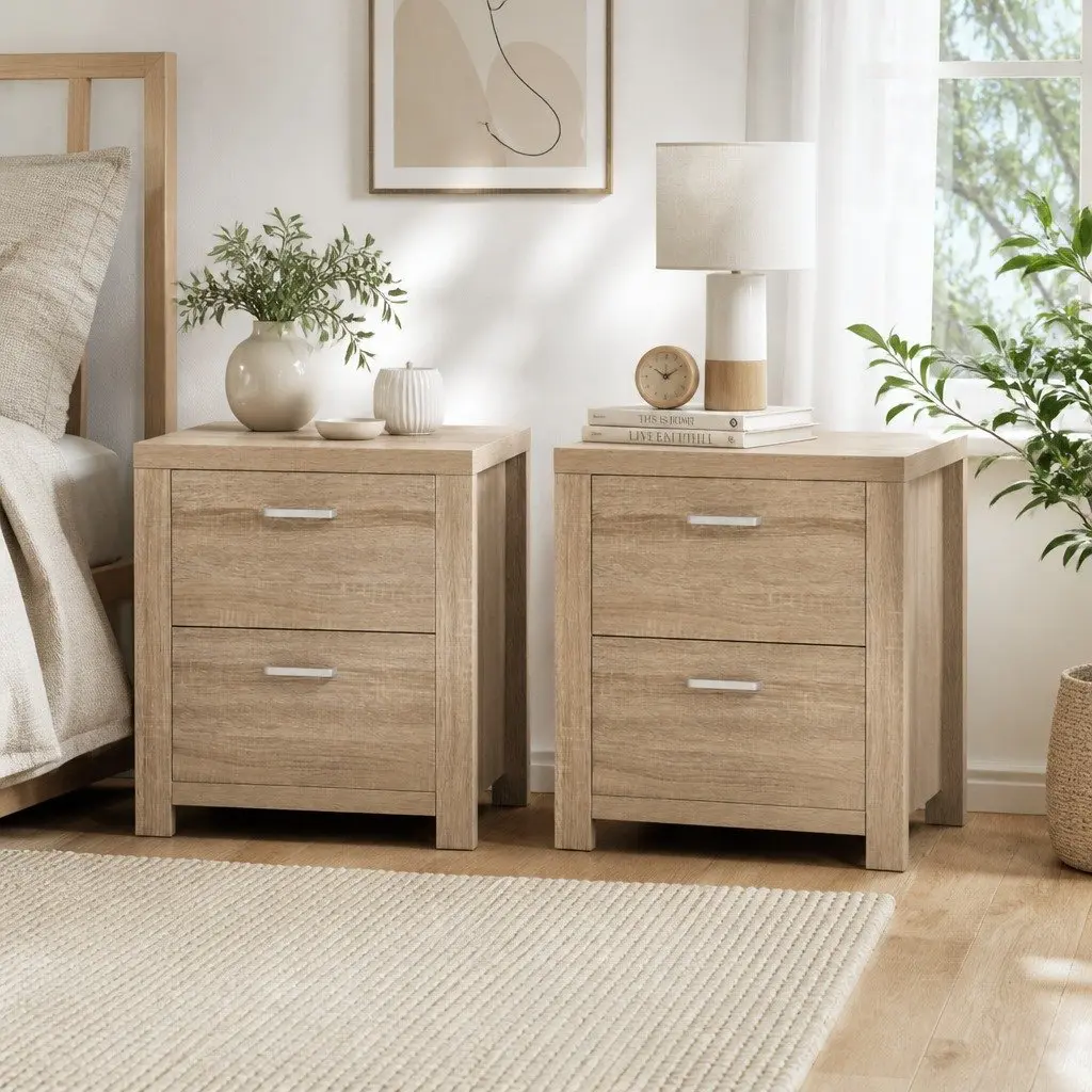 Bedside Table Pine Natural Wood 2 Drawers 48cm x 39cm x 53cm