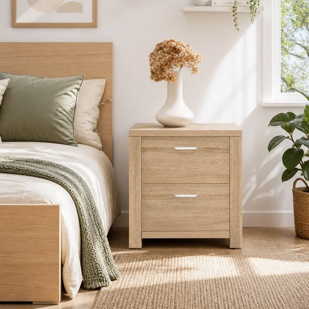 Bedside Table Pine Natural Wood 2 Drawers 48cm x 39cm x 53cm