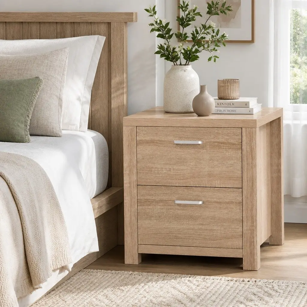 Bedside Table Pine Natural Wood 2 Drawers 48cm x 39cm x 53cm