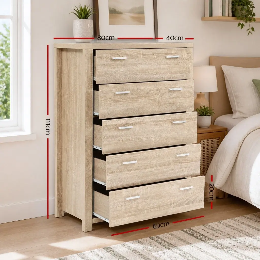 5 Drawer Chest Tallboy Storage Cabinet Pine 80cm x 40cm x 111cm Bedroom Dresser