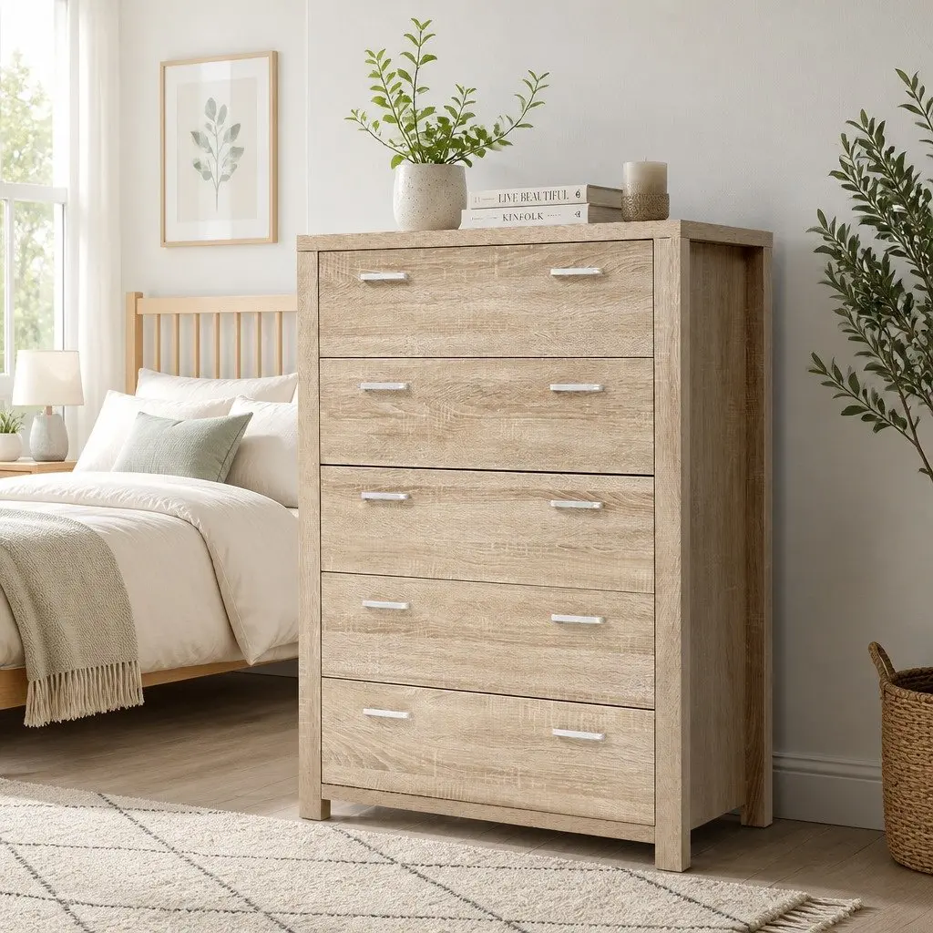 5 Drawer Chest Tallboy Storage Cabinet Pine 80cm x 40cm x 111cm Bedroom Dresser