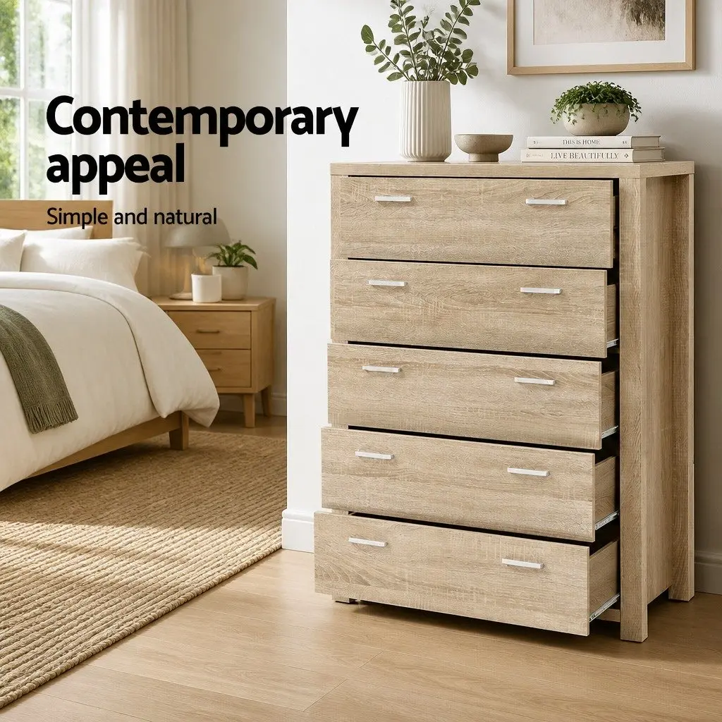 5 Drawer Chest Tallboy Storage Cabinet Pine 80cm x 40cm x 111cm Bedroom Dresser