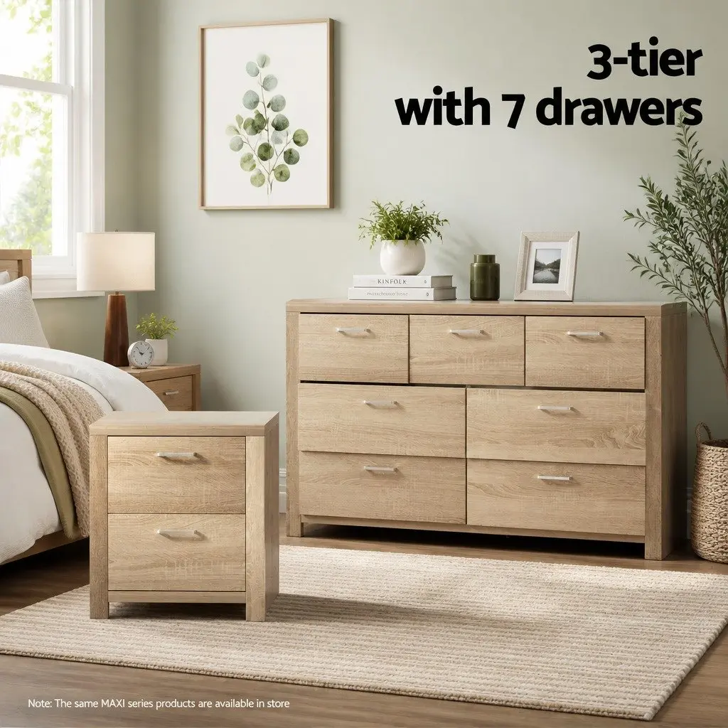 Chest of Drawers Tallboy Dresser Bedroom Storage Cabinet Oak 7 Drawers