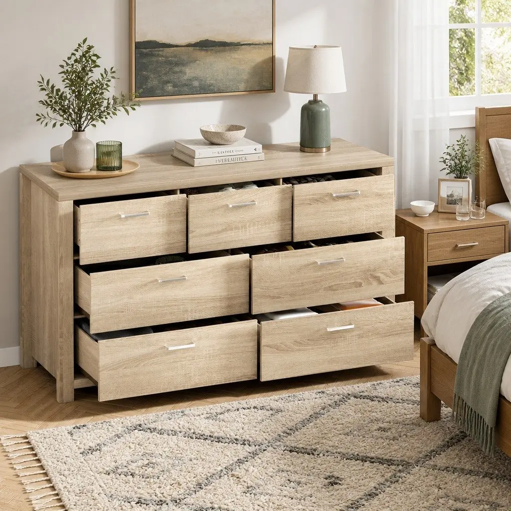 Chest of Drawers Tallboy Dresser Bedroom Storage Cabinet Oak 7 Drawers