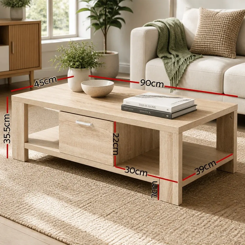 Oak Coffee Table with Drawer Open Shelves Contemporary Living Room Furniture