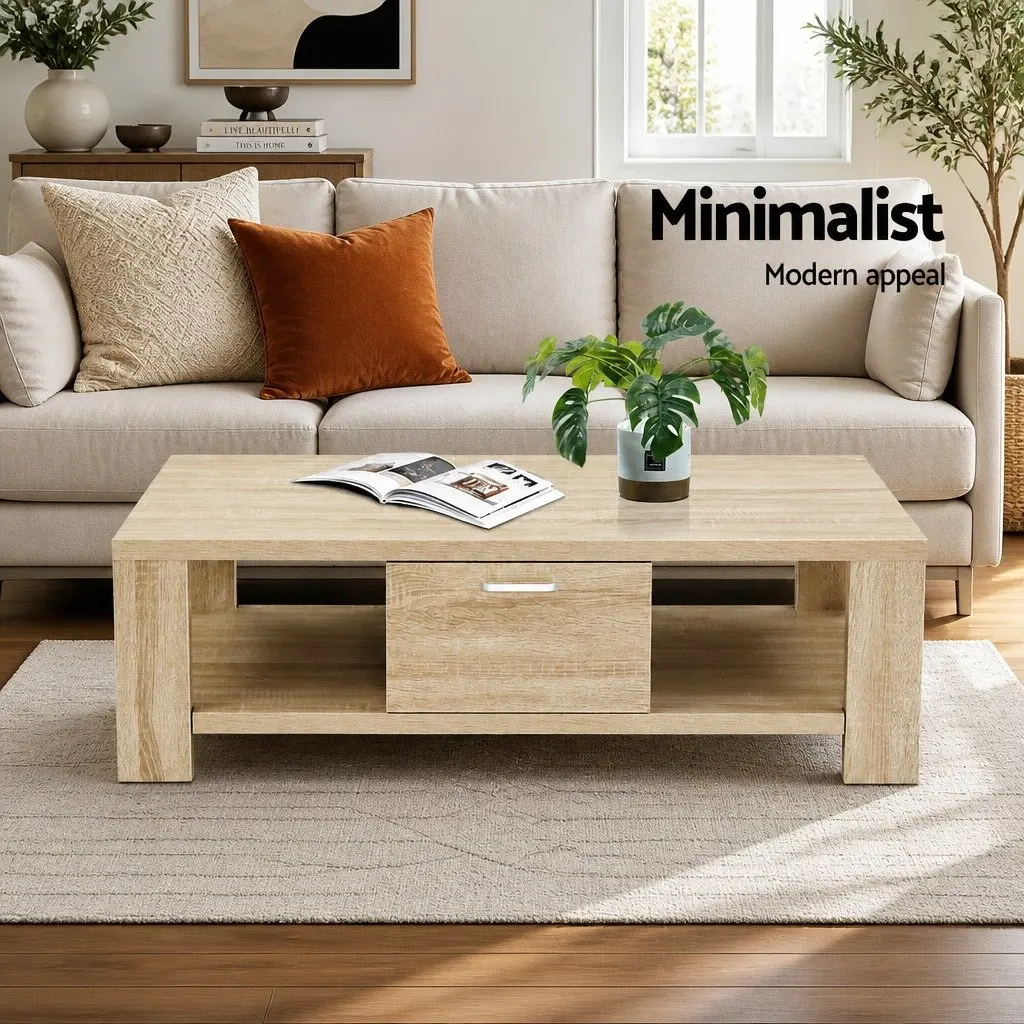 Oak Coffee Table with Drawer Open Shelves Contemporary Living Room Furniture
