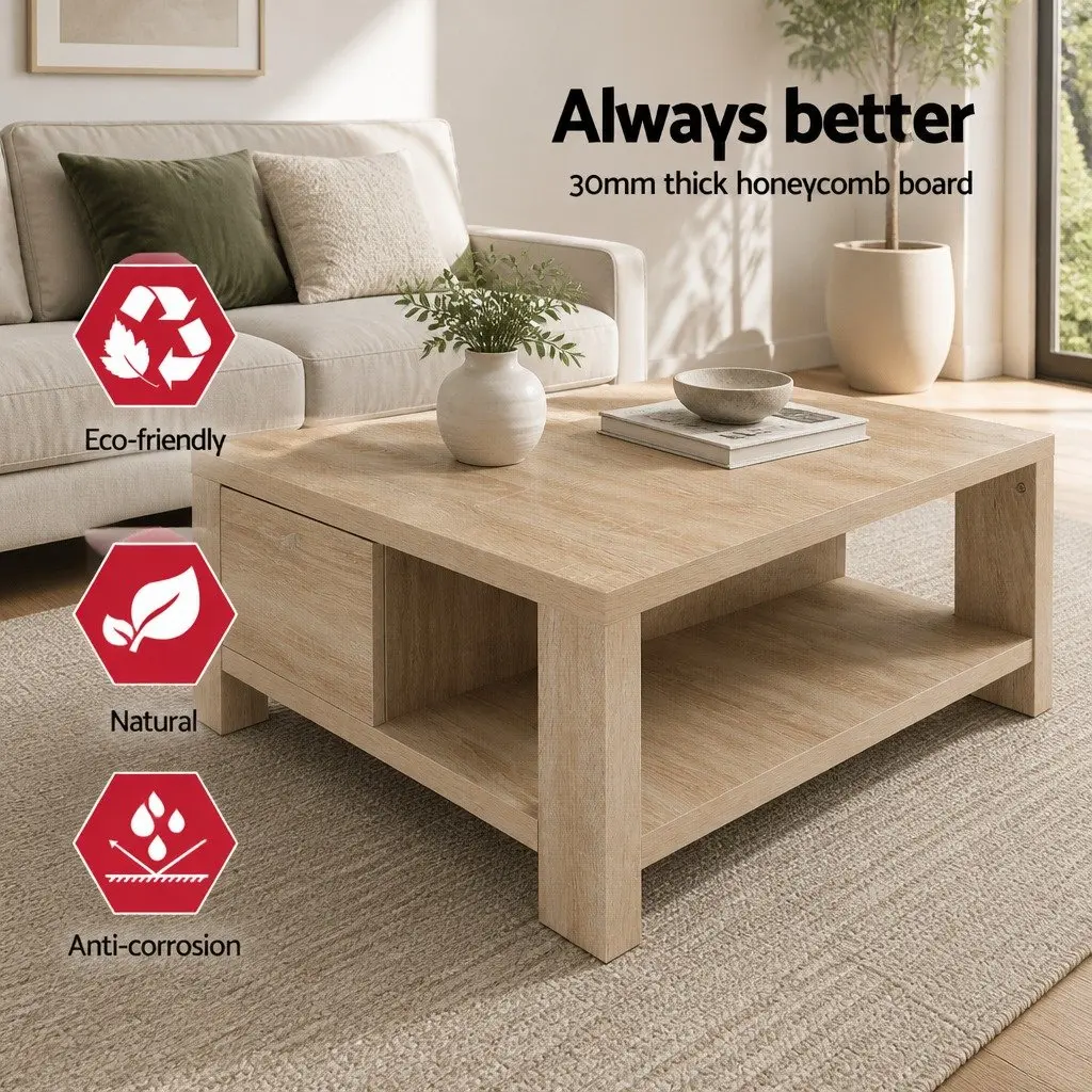 Oak Coffee Table with Drawer Open Shelves Contemporary Living Room Furniture