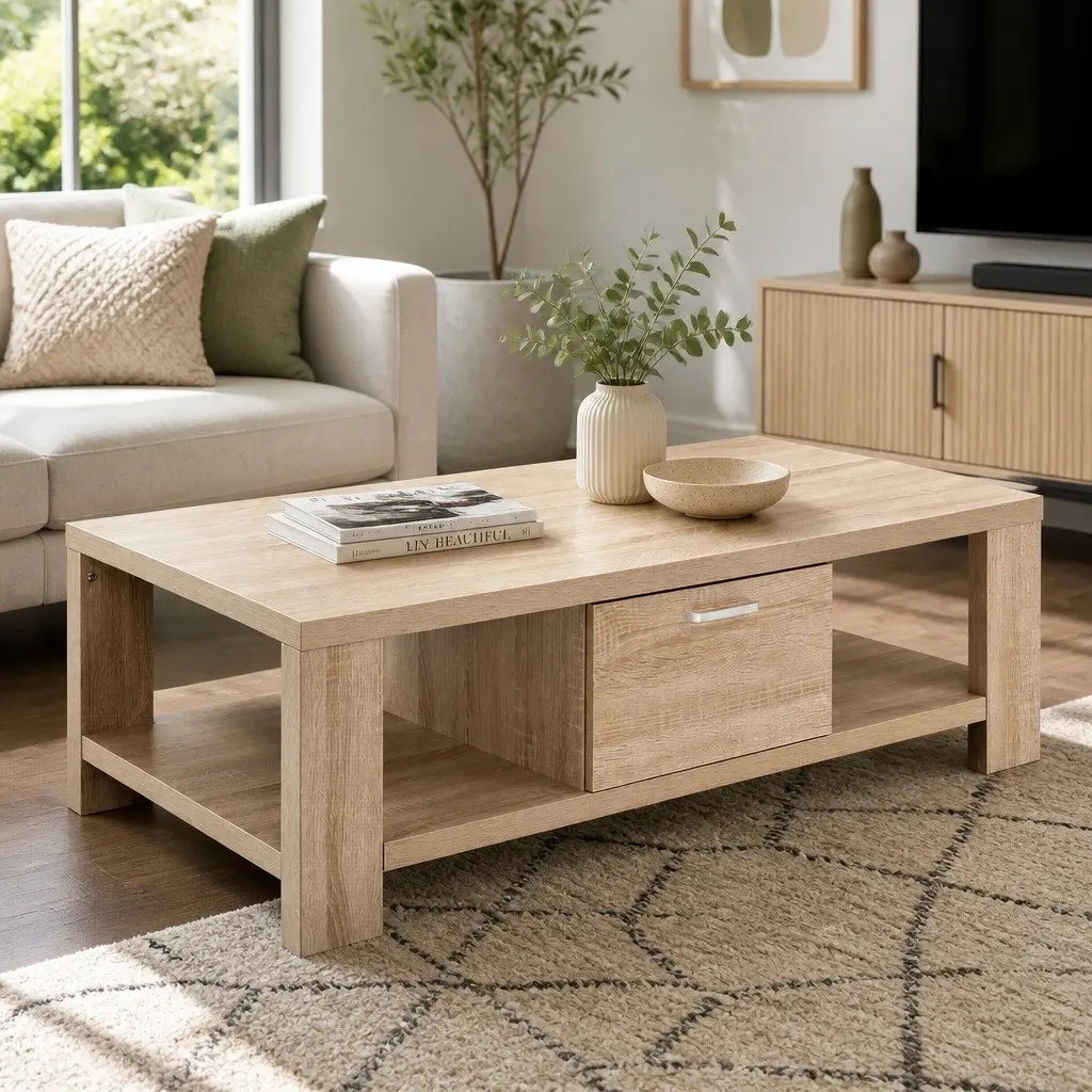 Oak Coffee Table with Drawer Open Shelves Contemporary Living Room Furniture