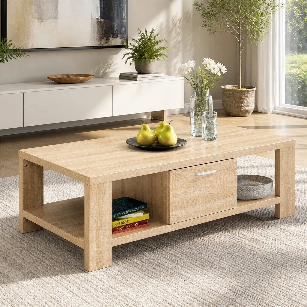 Oak Coffee Table with Drawer Open Shelves Contemporary Living Room Furniture