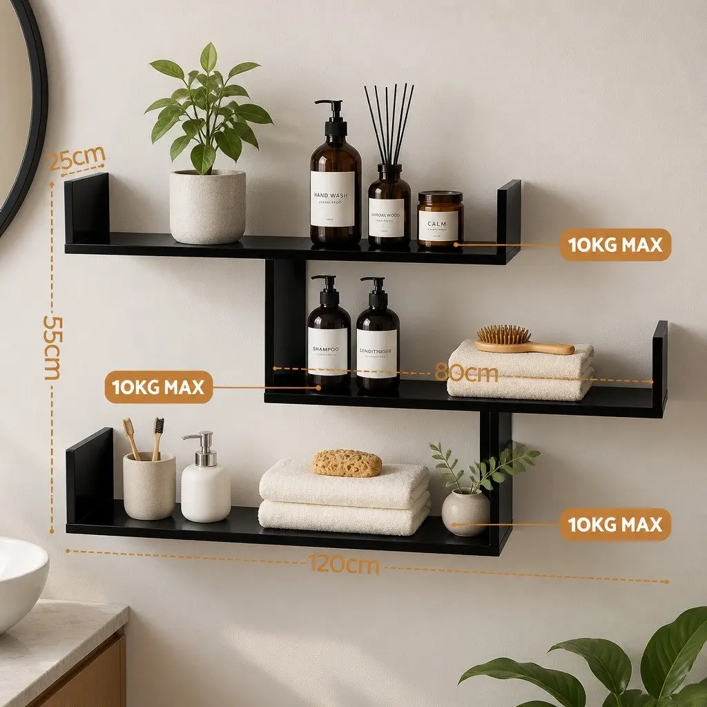 Floating Wall Shelf 3 Tier U Shaped Black Minimalist Display Storage Organiser