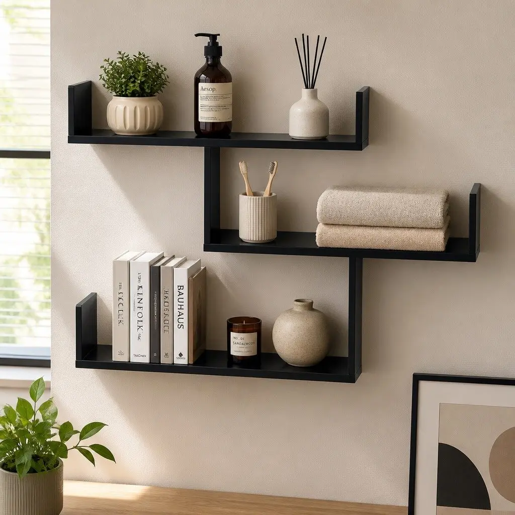 Floating Wall Shelf 3 Tier U Shaped Black Minimalist Display Storage Organiser