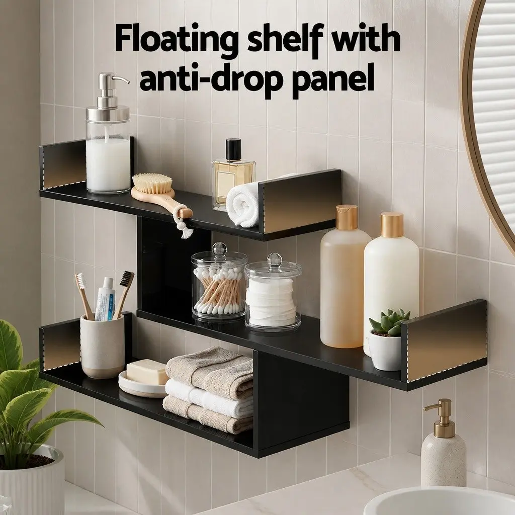 Floating Wall Shelf 3 Tier U Shaped Black Minimalist Display Storage Organiser
