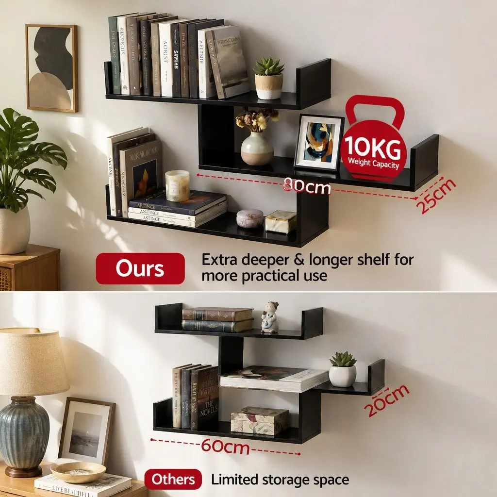 Floating Wall Shelf 3 Tier U Shaped Black Minimalist Display Storage Organiser