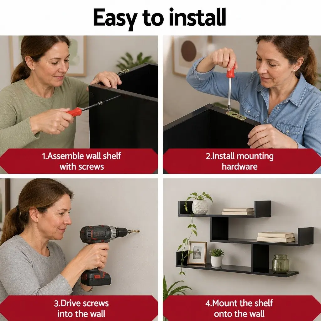 Floating Wall Shelf 3 Tier U Shaped Black Minimalist Display Storage Organiser