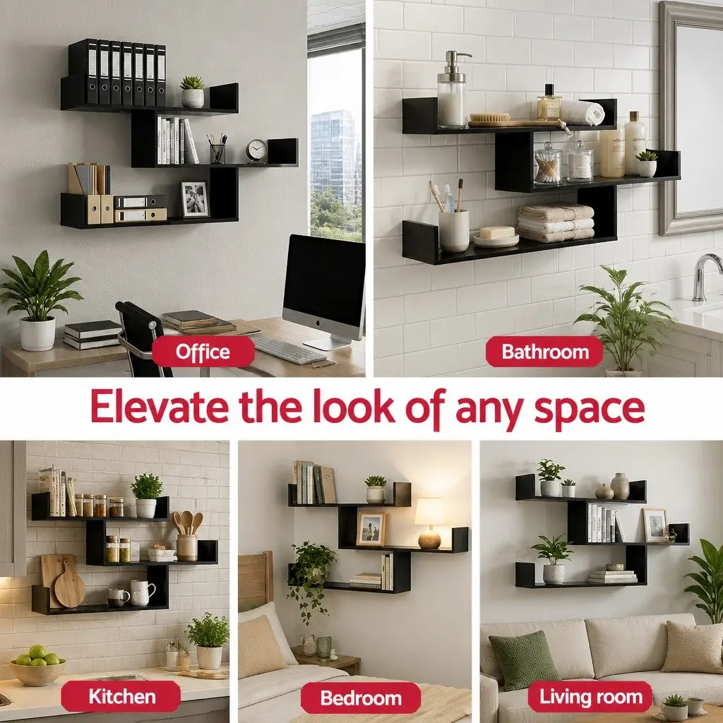 Floating Wall Shelf 3 Tier U Shaped Black Minimalist Display Storage Organiser