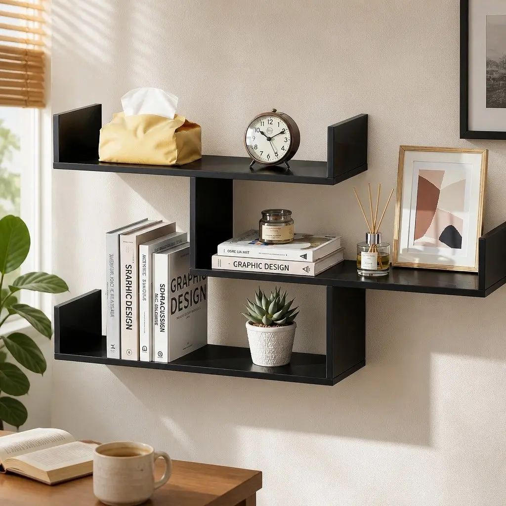 Floating Wall Shelf 3 Tier U Shaped Black Minimalist Display Storage Organiser