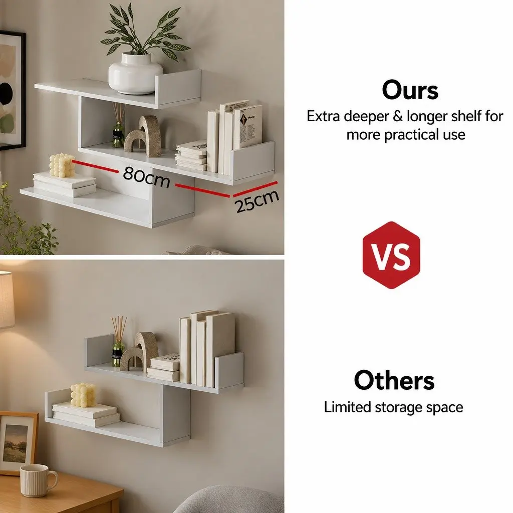 Floating Wall Shelf 3 Tier Particle Board Melamine Veneer 120cm White